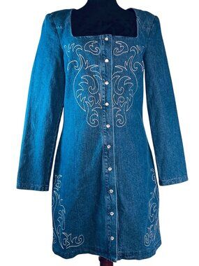 Avec Les Filles Size 8 Denim Dress Embroidered Long Sleeve Square Neck NWT